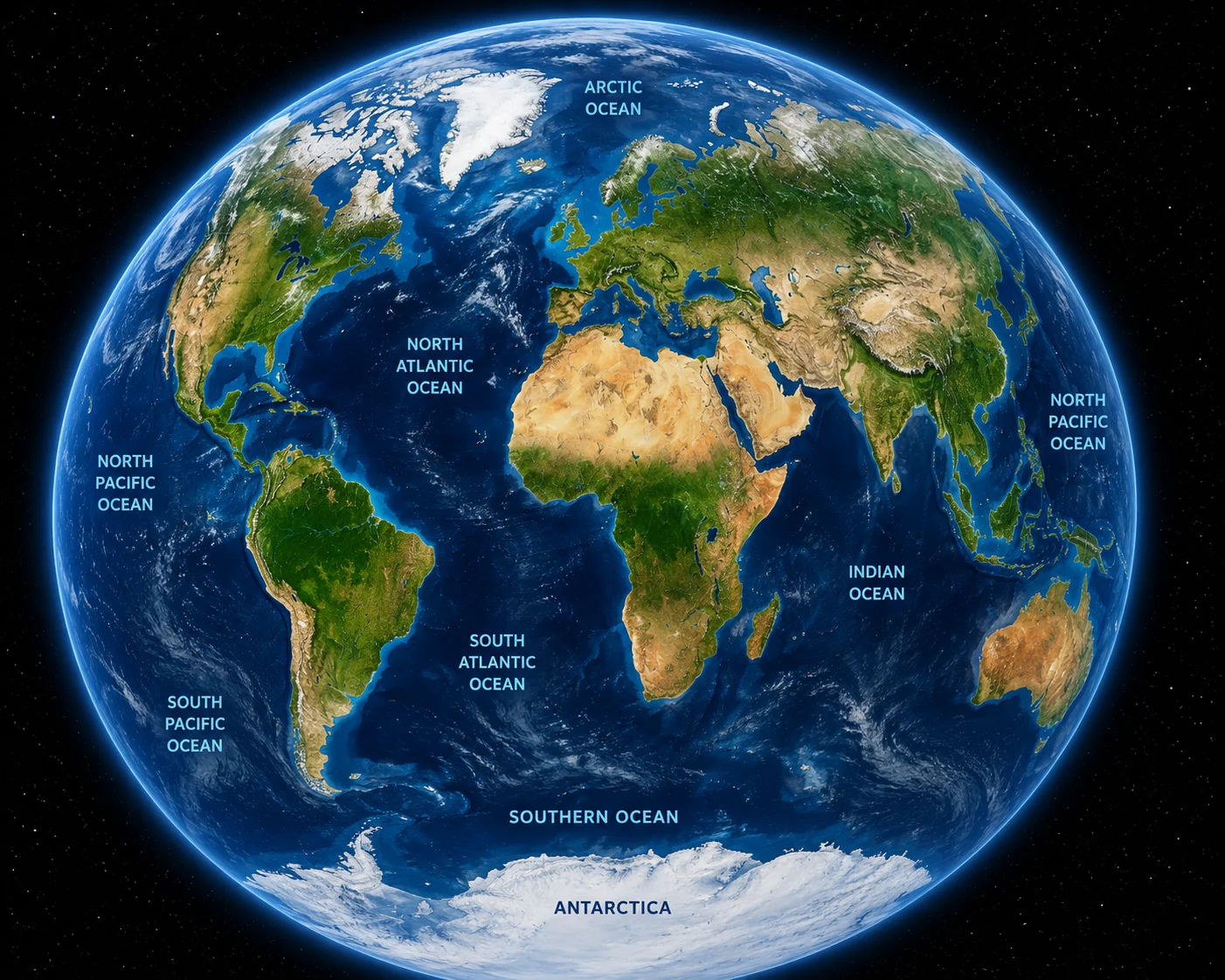 World map globe with the 5 oceans labeled